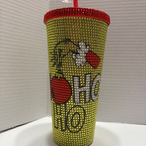 Dr Seuss The Grinch Rhinestone Tumbler Green Red White Ho Ho Ho Grinch Hand NWT - Picture 3 of 4